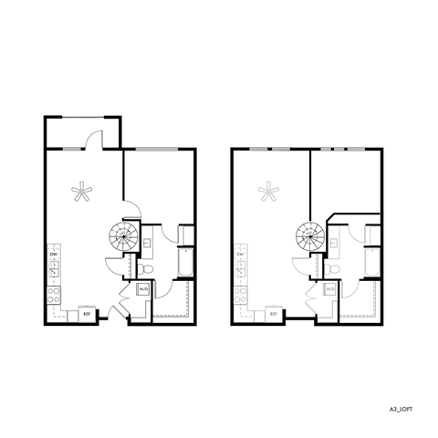 A black and white image of two floor plans with labeled rooms.
